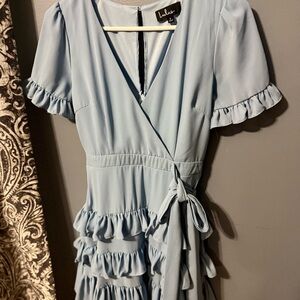 Lulu's Powder Blue Ruffle Wrap Midi Dress